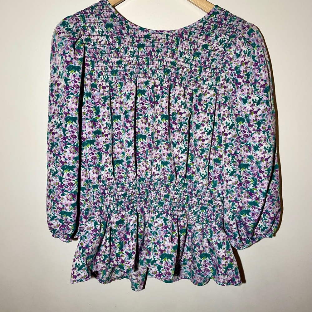 Pleione Smocked Peplum Top 3/4 Sleeve Round Neck Pink Purple Floral Boho Size L
